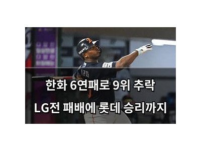 한화 6연패로 9위 추락 LG전 패배에 롯데 승리까지